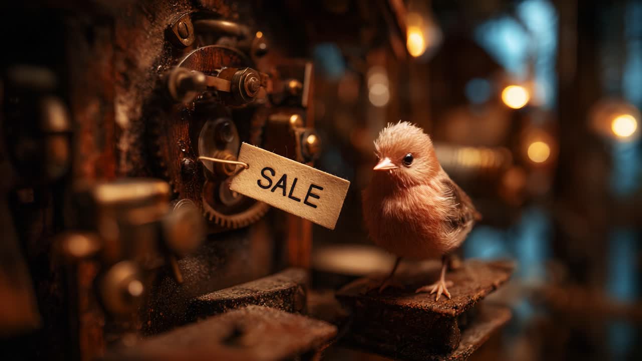A whimsical bird perched on a vintage mechanism, intriguingly connected to a 'SALE' sign, creating a captivating atmosphere of curiosity and charm in a bustling market environment
