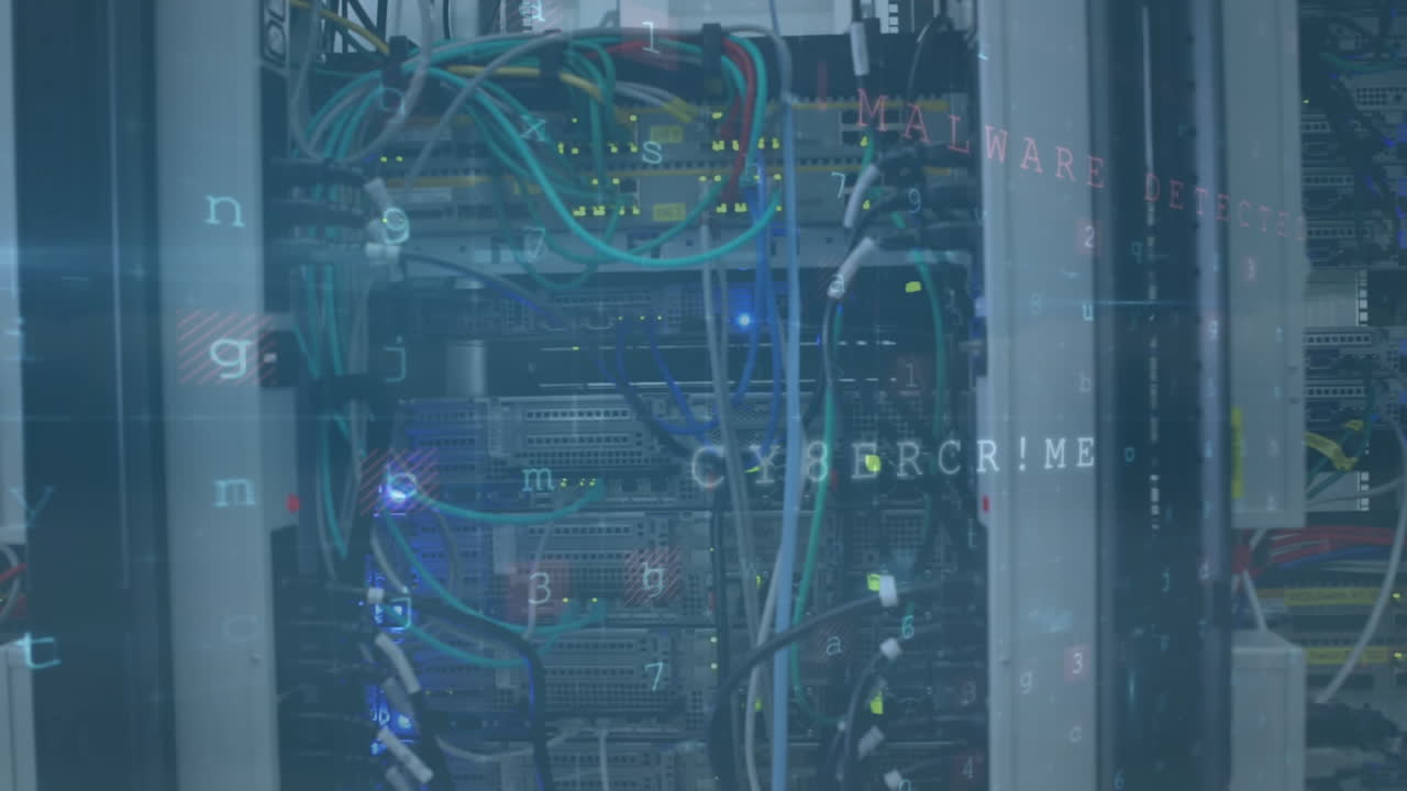 Animation of cyber security data processing against close up view of computer servers