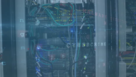 Animation of cyber security data processing against close up view of computer servers