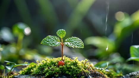 small plant with green leaves grows on mossy stone in the forest