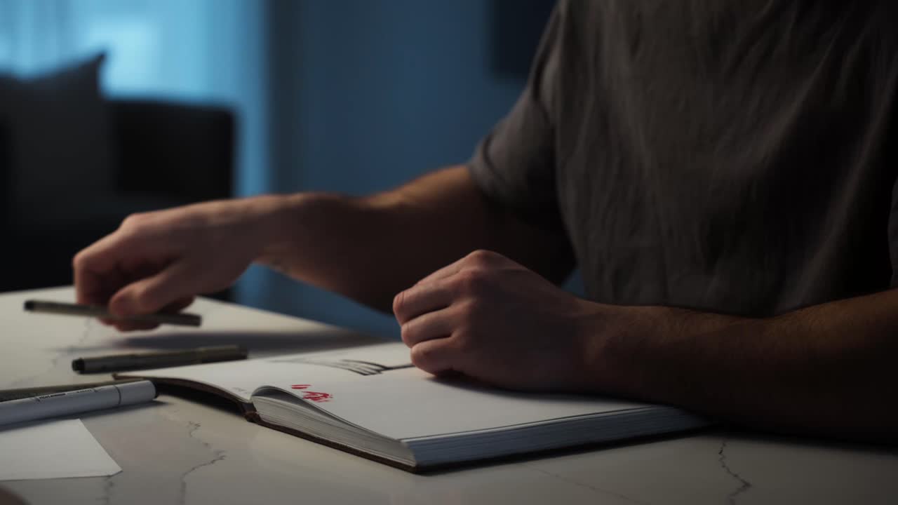 Close-up of hands drawing in a notebook on a table