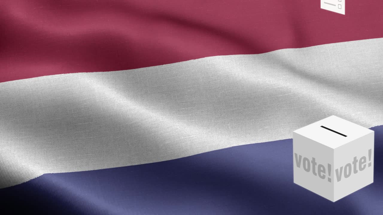 투표용지는 네덜란드를 위해 투표함에 날아갑니다. 선택 - 발 앞의 투표용지 - 선거 - 투표 - 네덜란드의 발 - 네덜란드 발 높은 세부 사항 - 국가 발 네덜란드 파동 패턴 루프 가능한 요소 - 직물 질감과 끝없는 루프