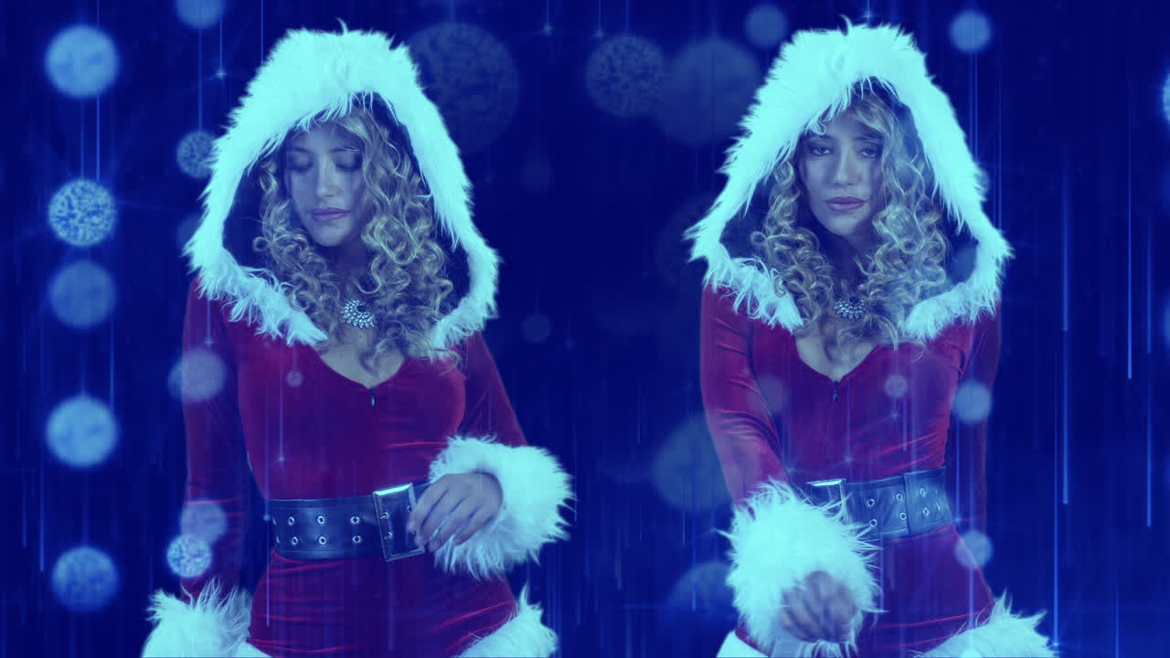 женщина танцует в милом костюме санта-клауса на рождественскую дискотеку