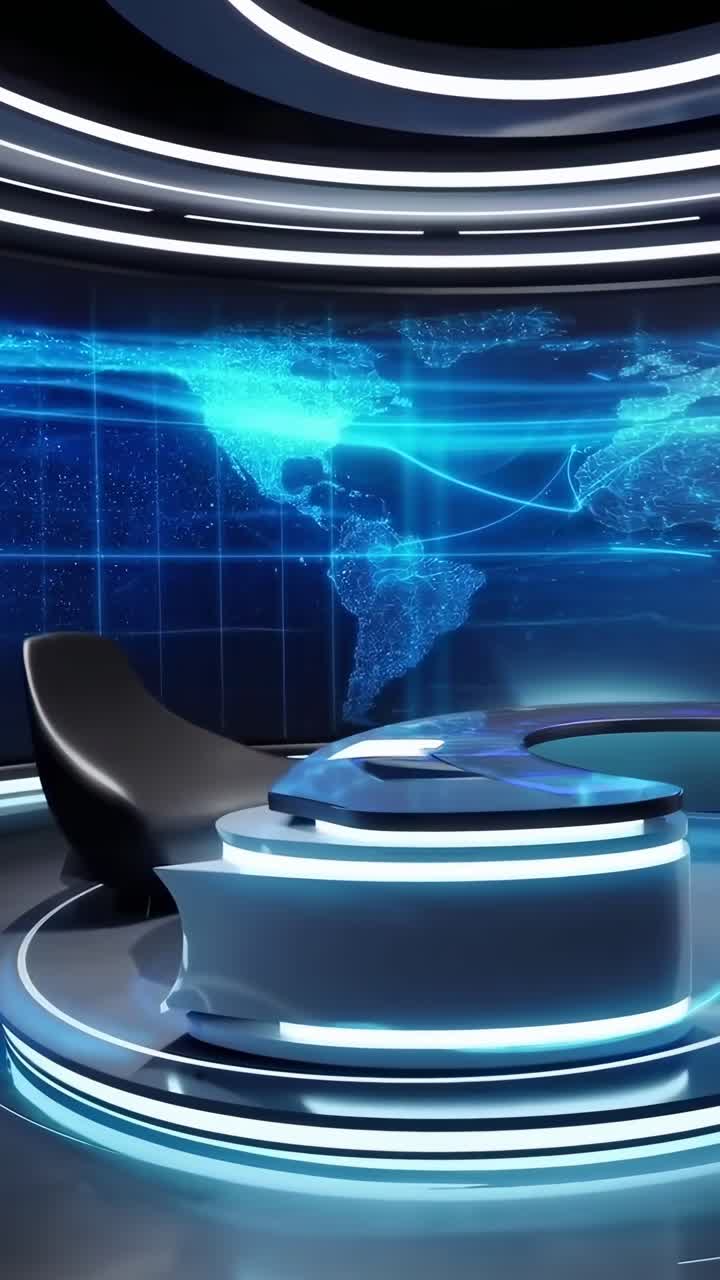 Estudio de video futurista con vista de gran angular, que presenta una elegante silla y un mapa mundial digital.