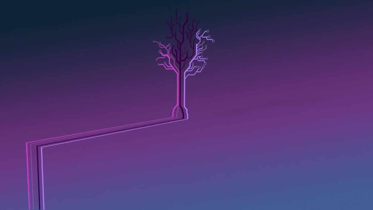 Animation of a tree made of neon, colourful lines on purple background.