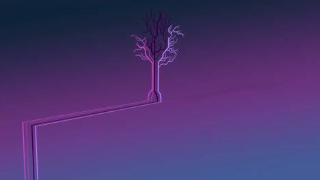 animación de un árbol hecho de neón, líneas coloridas sobre fondo púrpura.