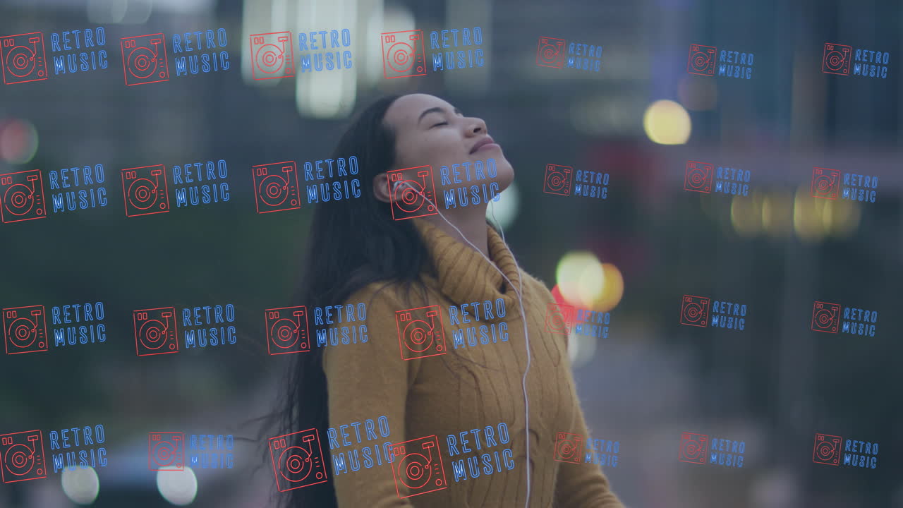 헤드폰을 사용하는 두 인종 여성에 대한 레트로 음악 텍스트의 애니메이션