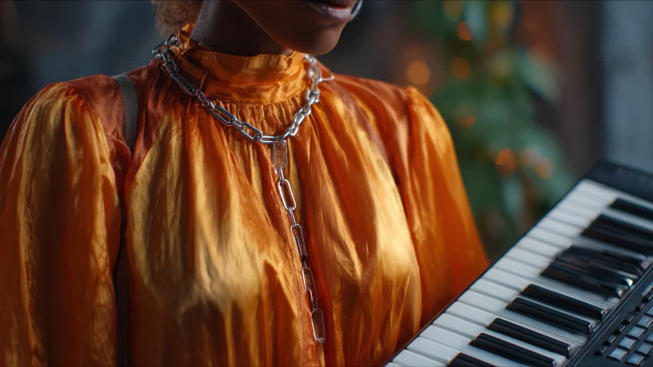 A musician in a vibrant orange outfit skillfully plays a keyboard, showcasing a unique blend of fashion and musical talent in an artistic, indoor setting