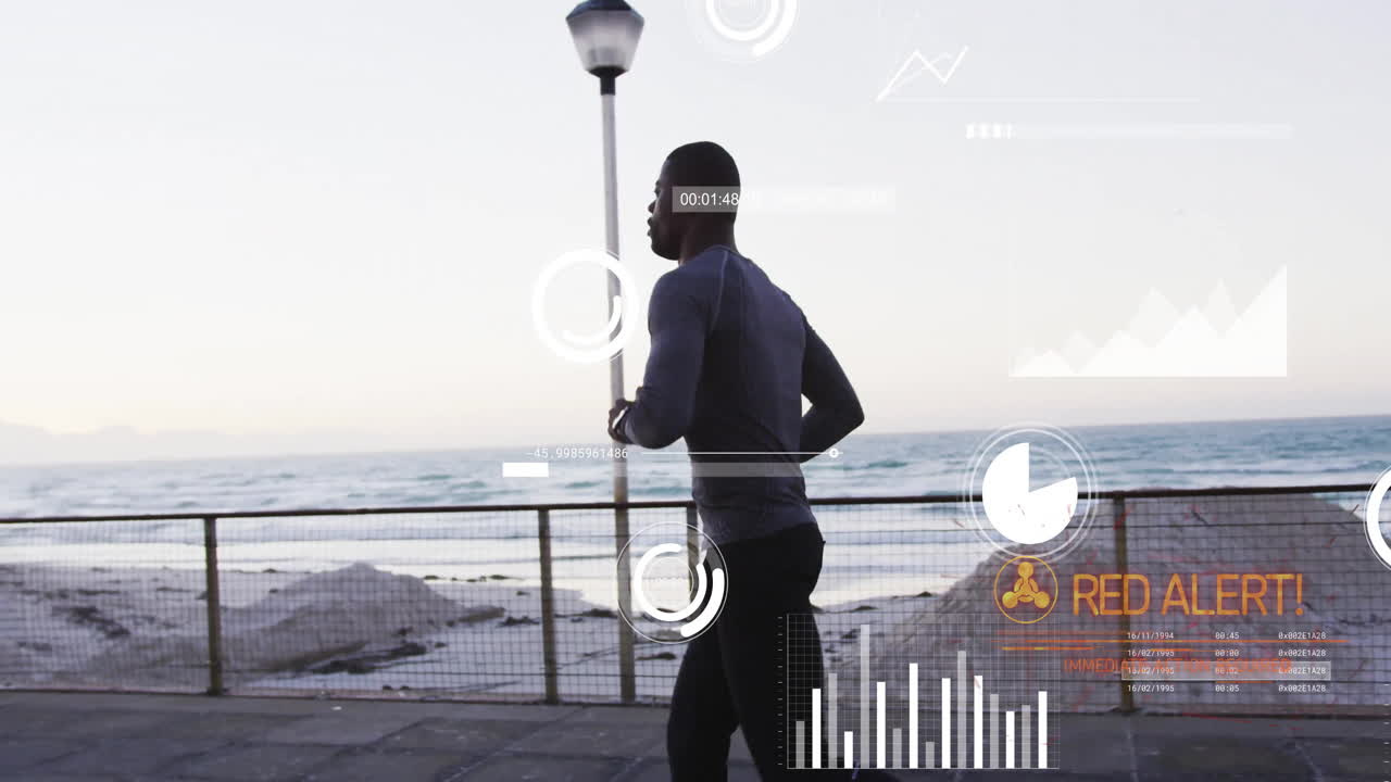 Man jogging by ocean with digital health data overlay animation
