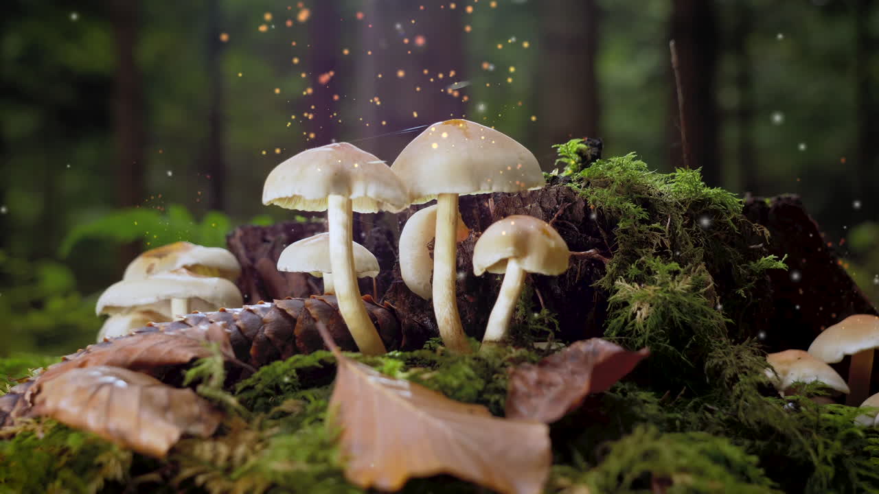 Close up shot of toxic mushroom in mossy forest and flying pores as motion graphic design - Glowing sparks rising up to sky