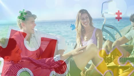 animación de coloridas piezas de rompecabezas sobre amigos felices en la fiesta de playa de verano