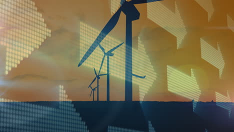 animation of glowing arrows over airplane taking off and wind turbines on orange background