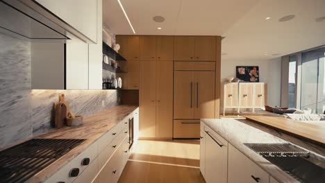 wide shot of a kitchen in a luxury home with white and bright accents