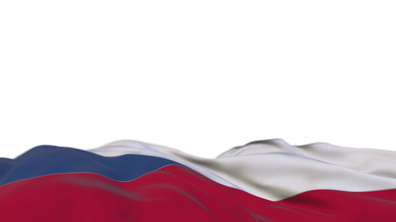 bandera de tela de la república checa ondeando en el bucle del viento. bandera de tela cosida de bordado de la república checa balanceándose en la brisa. fondo blanco medio lleno. lugar para el texto. bucle de 20 segundos.