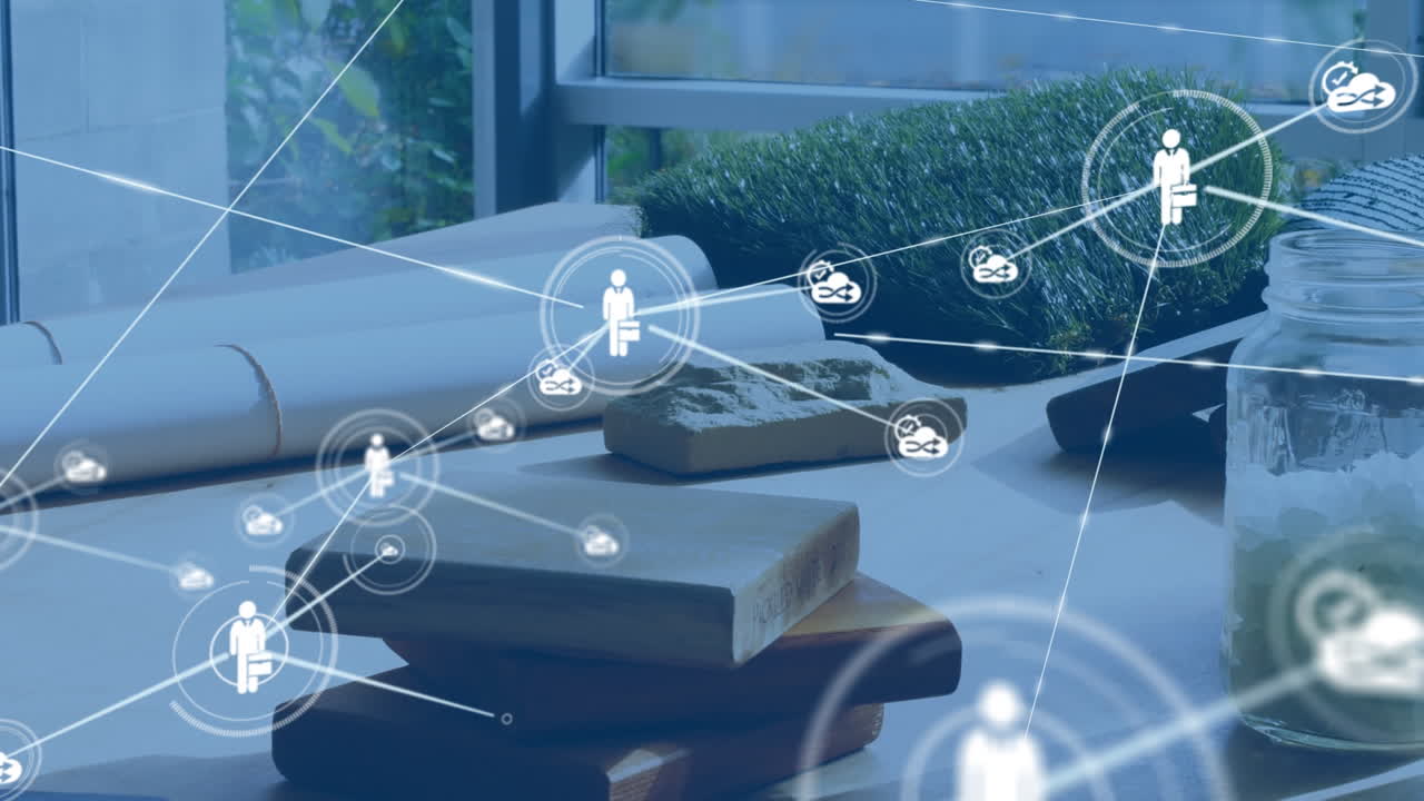 나무  ⁇ 플과 건축가의 도면 위에 아이콘으로 연결된 네트워크의 애니메이션