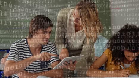composición digital del procesamiento de datos de codificación binaria contra una maestra y un estudiante universitario