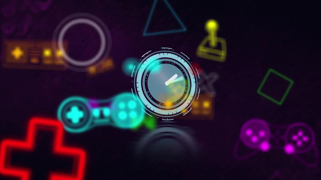 Animation of multiple video game controller icons and neon ticking clock against black background