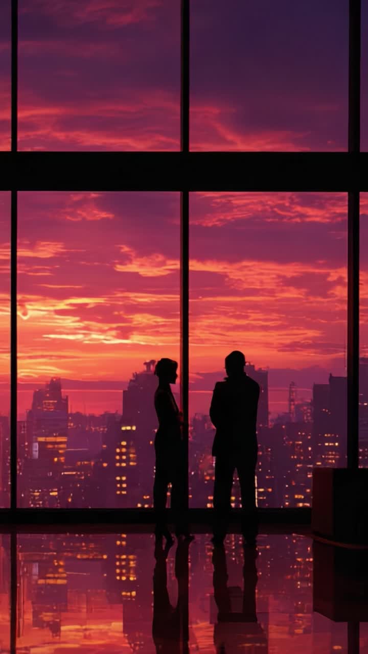 Una pareja contemplando la vida con un impresionante atardecer urbano de fondo: un momento sereno capturado a través de una silueta de horizontes urbanos y nubes vibrantes