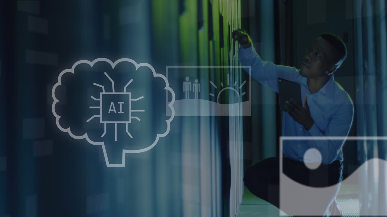 Animation of ai text, icons and male african american it engineer and computer servers