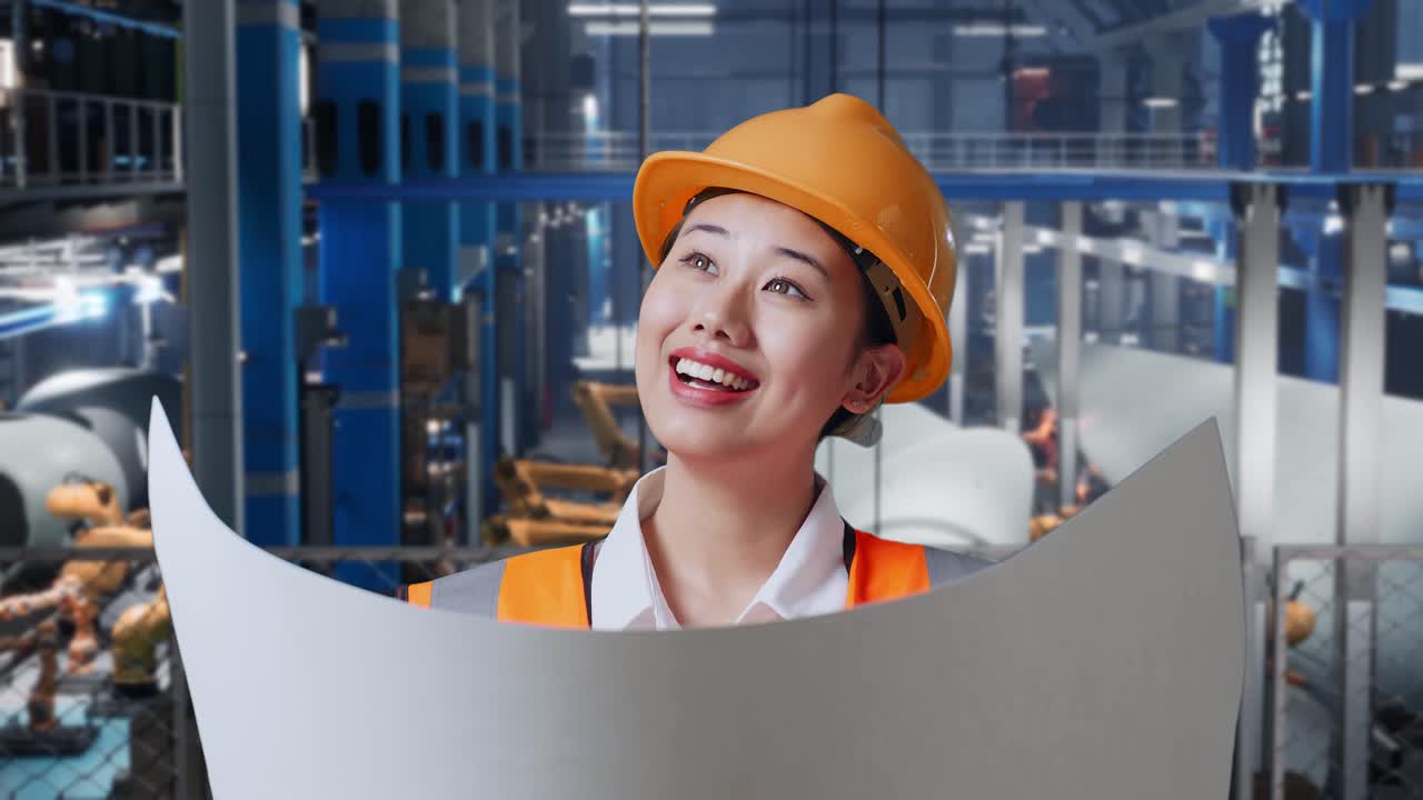 안전 헬을 입은 아시아 여성 엔지니어가 손에 블루프린트를 들고 풍력 터빈을 제조하는 공장에서 서 있는 동안 주위를 둘러보고 있습니다.