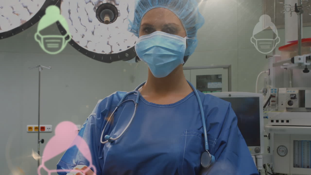 animación de un cirujano con ares cruzados en una habitación con iconos macro