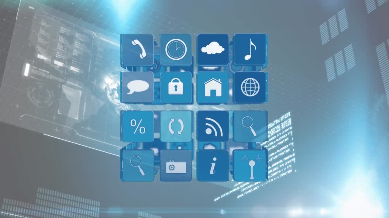 파란색 배경의 데이터 처리와 함께 디지털 인터페이스에 대해 회전하는 디지털 아이콘의 큐브