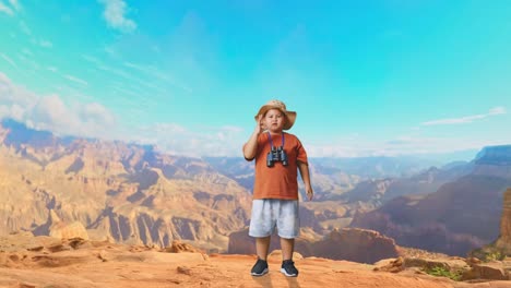 asian boy with a hat and binoculars smiling and showing okay gesture to camera while traveling at the top of mountain. boy researcher examines something, travel adventure, full body