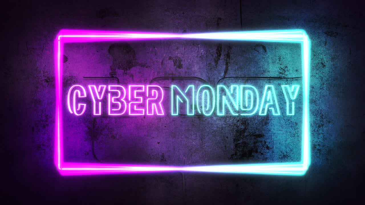 lunes cibernético con marco de neón en la ciudad de noche en la pared