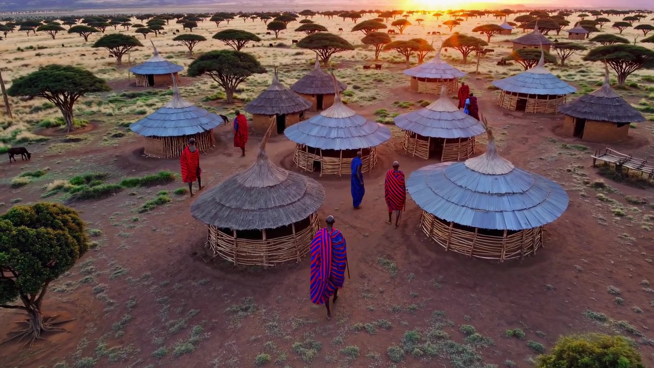 Peuple Masaï marchant à travers un village traditionnel au coucher du soleil