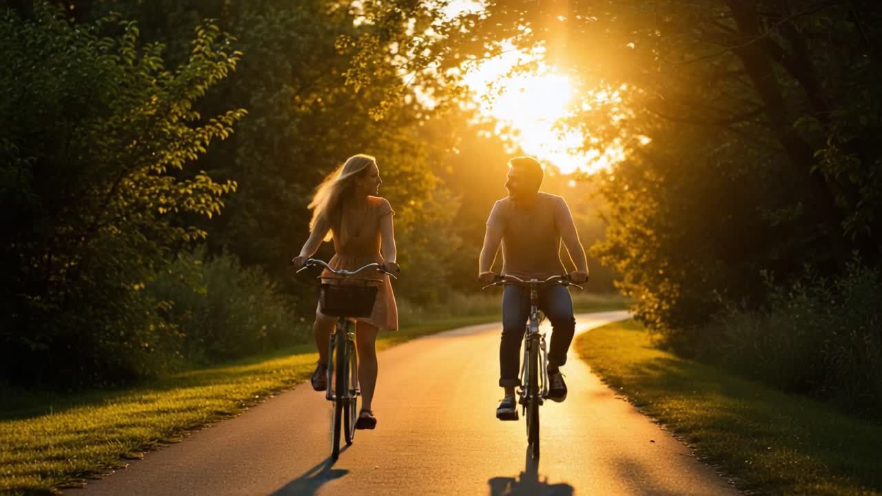A couple enjoying a bike ride on a scenic path at sunset