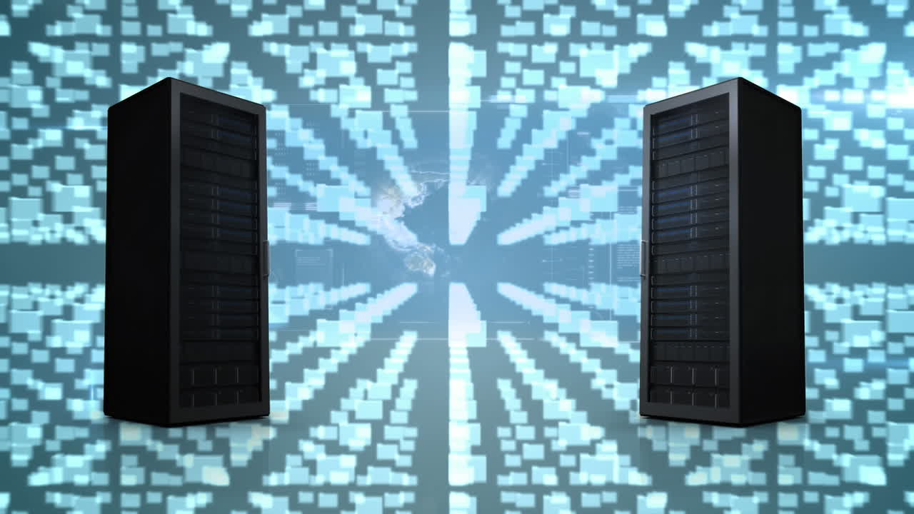 Animation of a blue padlock with data processing on blue background