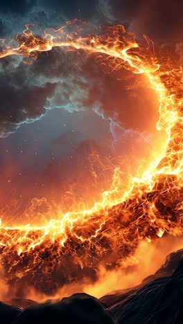 fiery cosmic landscape with swirling flames and dark celestial bodies