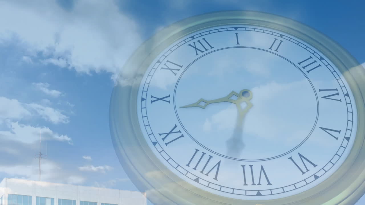 Roman numerals on clock face against blue sky with clouds in animation