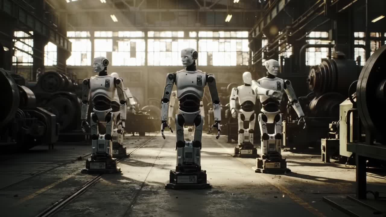 A captivating display of advanced robotics showcases a trio of humanoid robots standing confidently in an industrial setting, emphasizing innovation and technology in automation