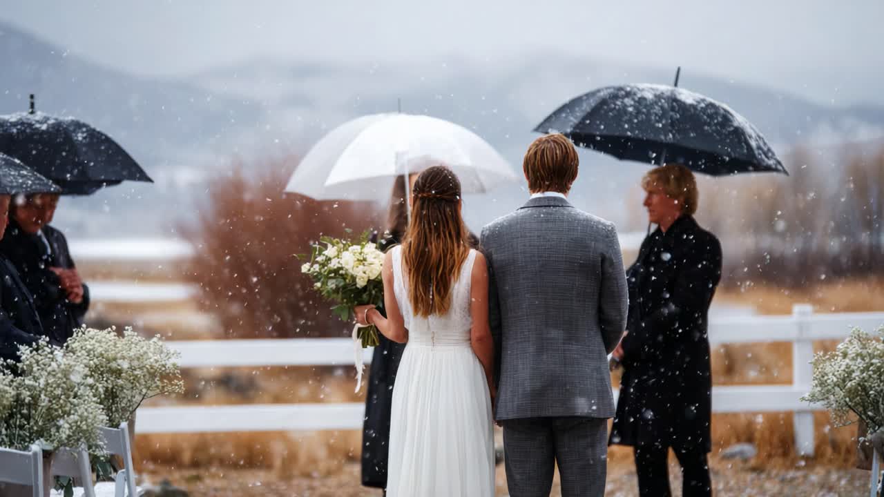 Et smukt bryllup i sneen: Et par udveksler løfter under paraplyer omgivet af familie og venner i et fantastisk vinterlandskab
