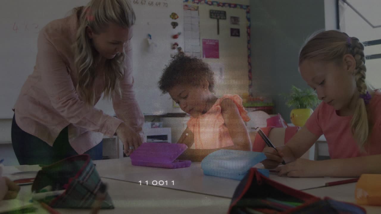Teacher guiding student opening purple tablet case and tapping screen for lesson while peer writing