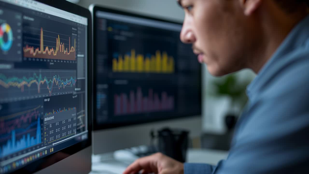Male data analyst moving mouse, analyzing data at desk with animated bars guiding decisions