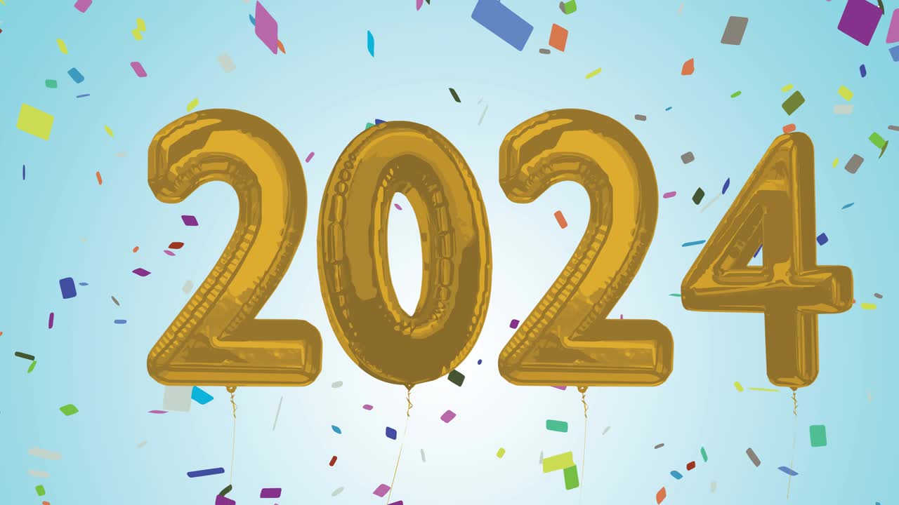 animación de 2024 números de globos de oro con confeti sobre fondo azul