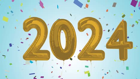 animación de 2024 números de globos de oro con confeti sobre fondo azul
