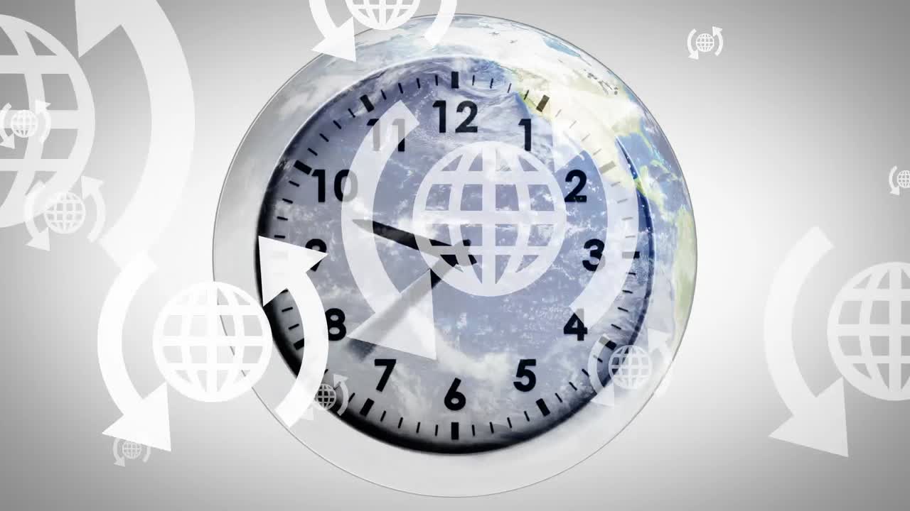 시계 위에 있는 지구와 화살표 아이콘의 애니메이션