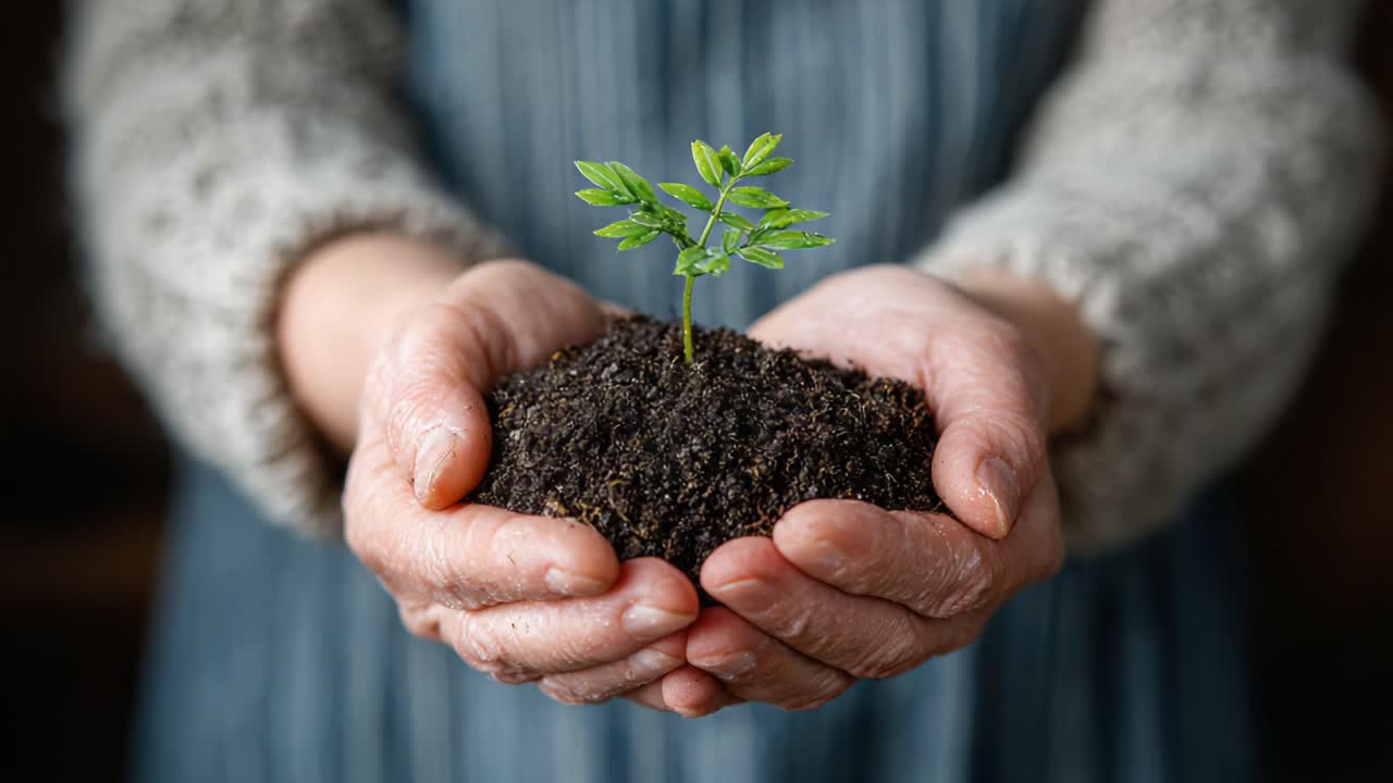 Nurturing Growth: A Pair of Hands Cradling a Small Green Seedling in Rich Soil, Symbolizing Care, Nature, and the Importance of Planting for the Earth’s Future