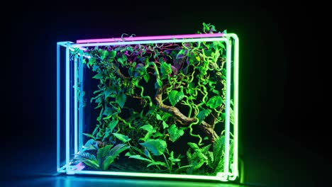 neon glowing plants in a glass box