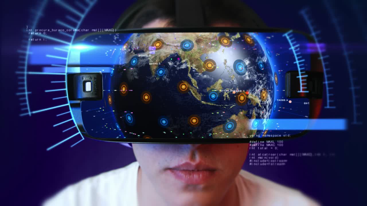 Young man wearing VR headset and experiencing virtual reality. Seamless Loop.