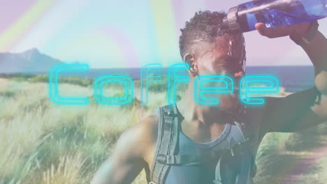 man pouring water from bottle over head on hiking trail, with neon-blue coffee text showing health