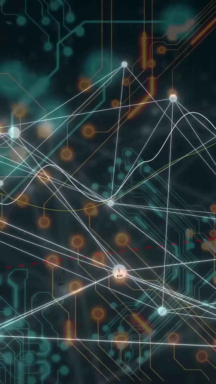 Vertical video: Sine wave sweeping network, driving nodes pulsing, lines redrawing, showing ticker