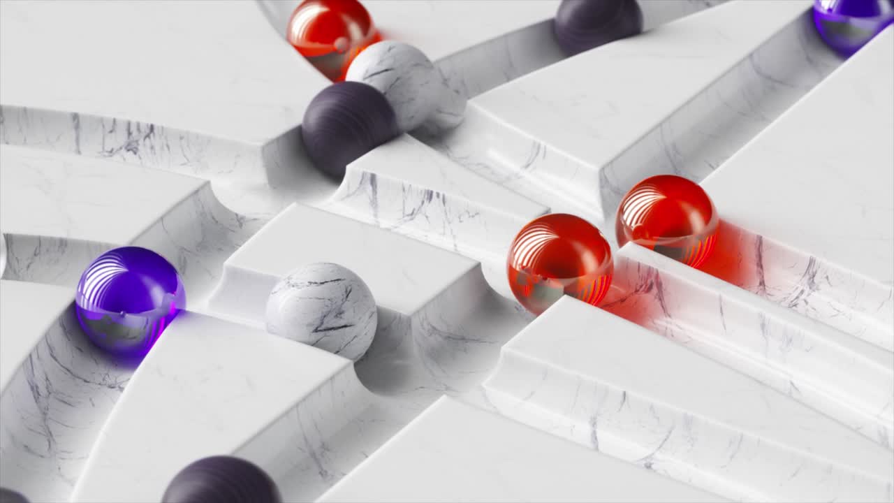 색의 공이 하 대리석 미로를 돌고 있습니다. 색, 파란색, 빨간색, 검은색 구.