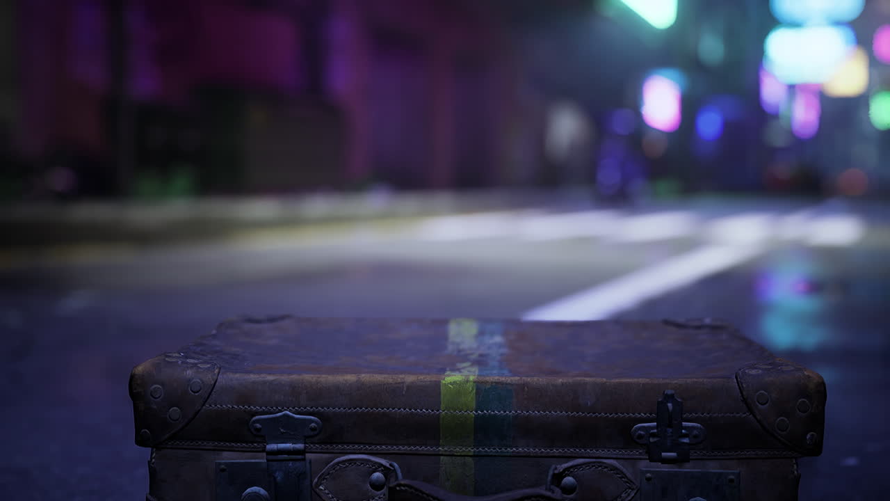 Valigia di pelle vintage su una strada cittadina vuota di notte con luci al neon