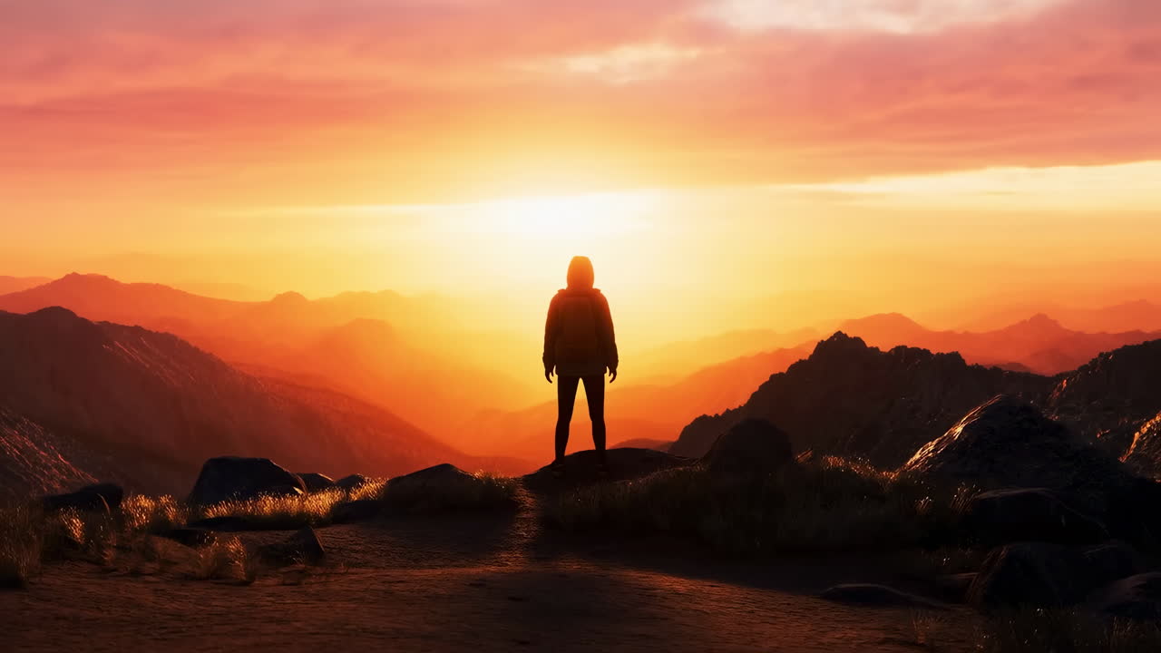 Silhouette di una persona in piedi sulla vetta della montagna al tramonto