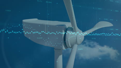 animation of data processing over spinning windmill against clouds in the blue sky