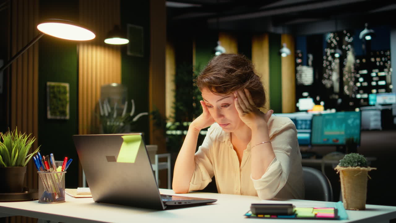 Vertical Video Drained restless woman going into mental haze with after hours tasks